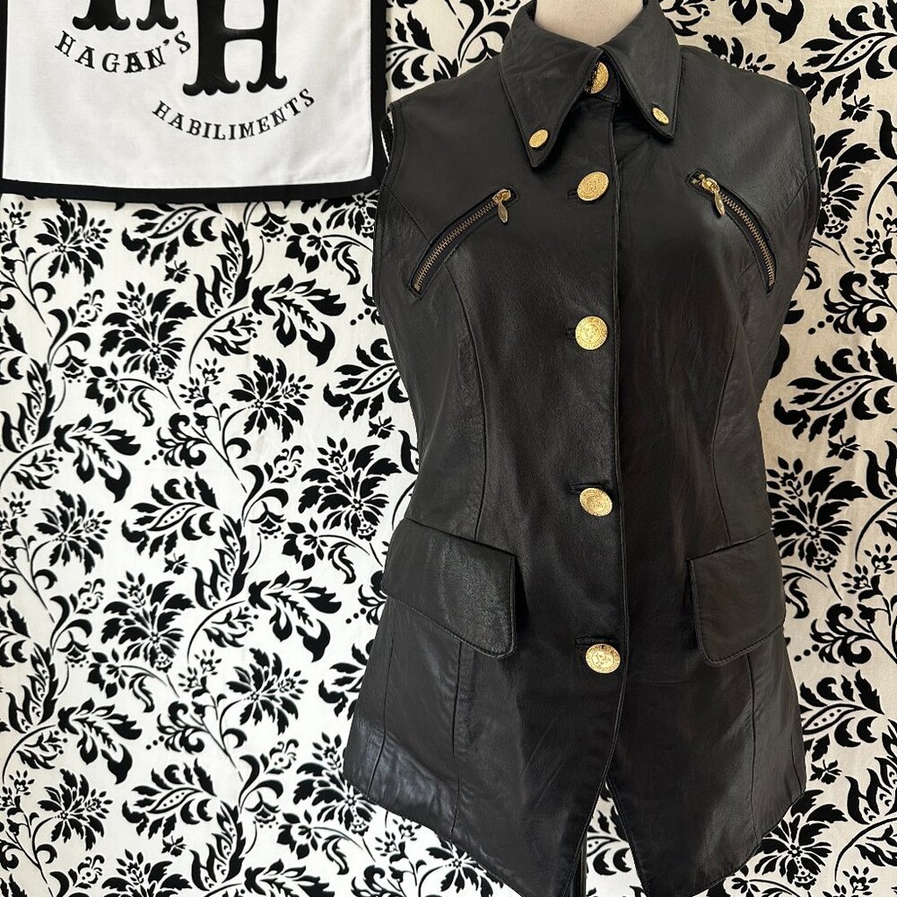 Cache-Black Leather Vest -Gold Buttons Size S
